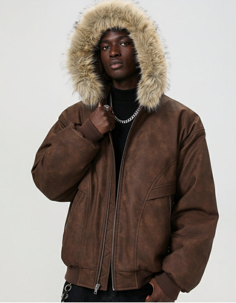 Ellenvinis Men's Vintage Distressed PU Leather Jacket | Winter Warm Thickened Cotton Coat with Removable Fur Collar & Hooded Design