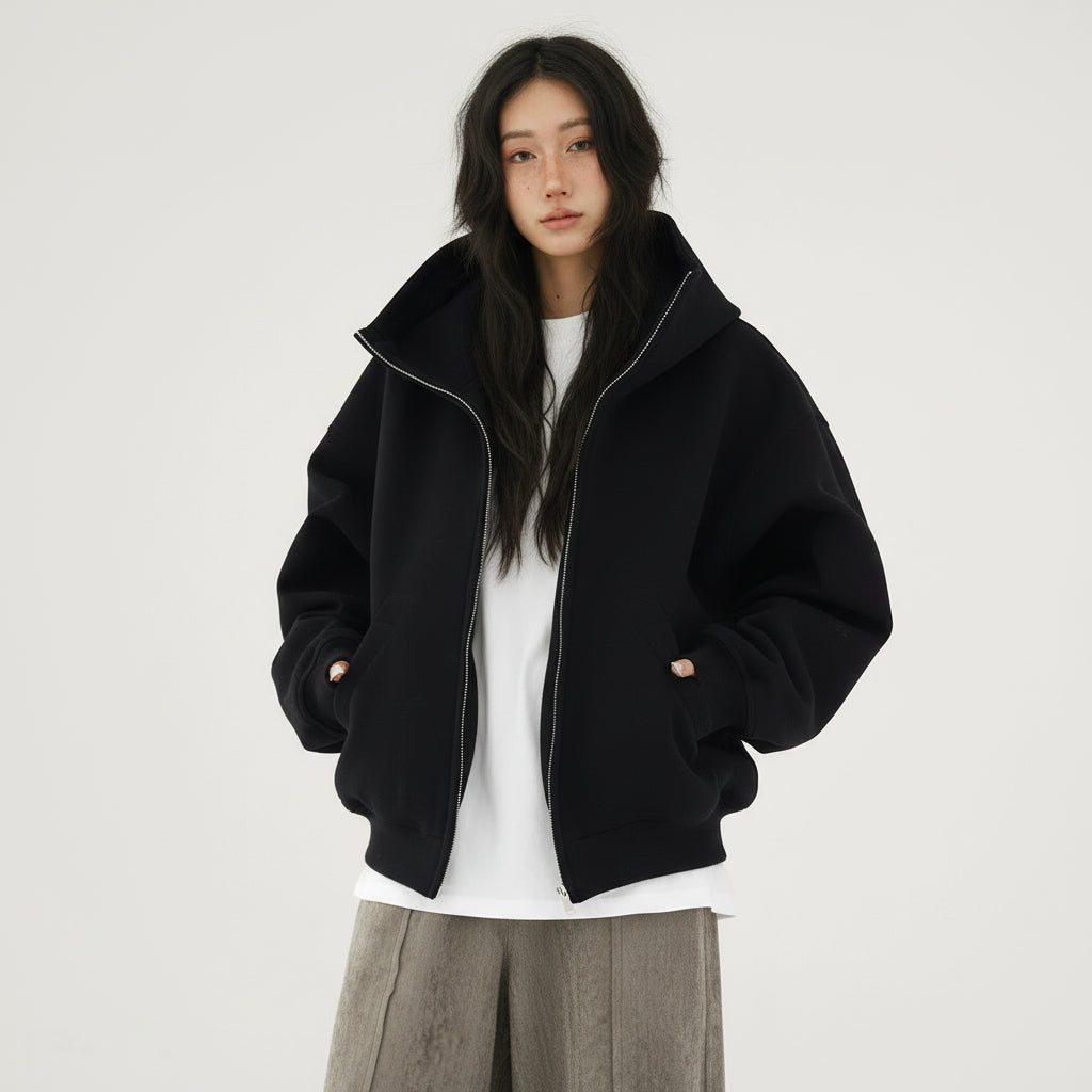 Ellenvinis 2025 Fall/Winter American Retro Thick Fleece Zip-Up Hoodie – Oversized Double-Sided Streetwear Cardigan for Men and Women