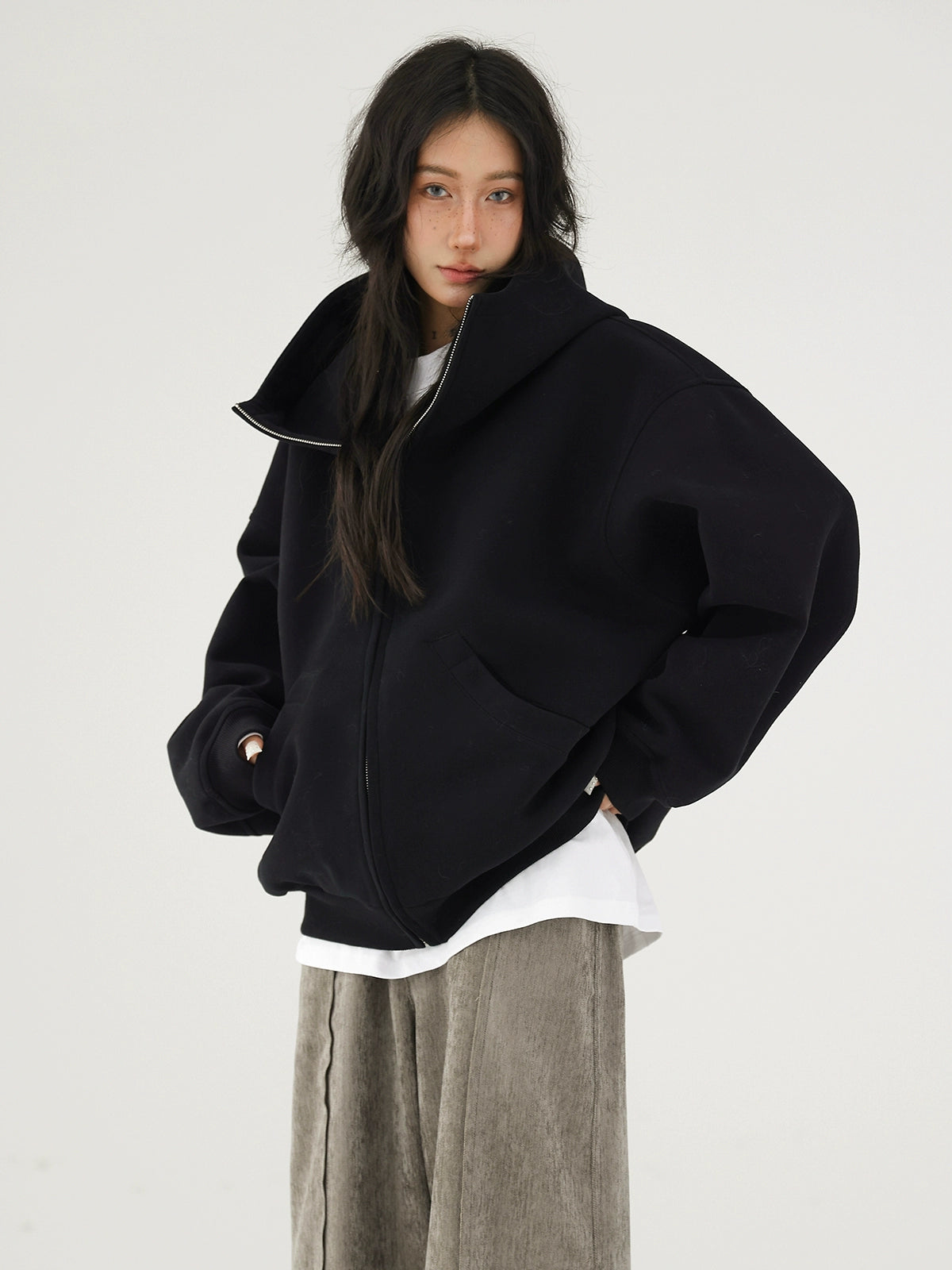 Ellenvinis 2025 Fall/Winter American Retro Thick Fleece Zip-Up Hoodie – Oversized Double-Sided Streetwear Cardigan for Men and Women