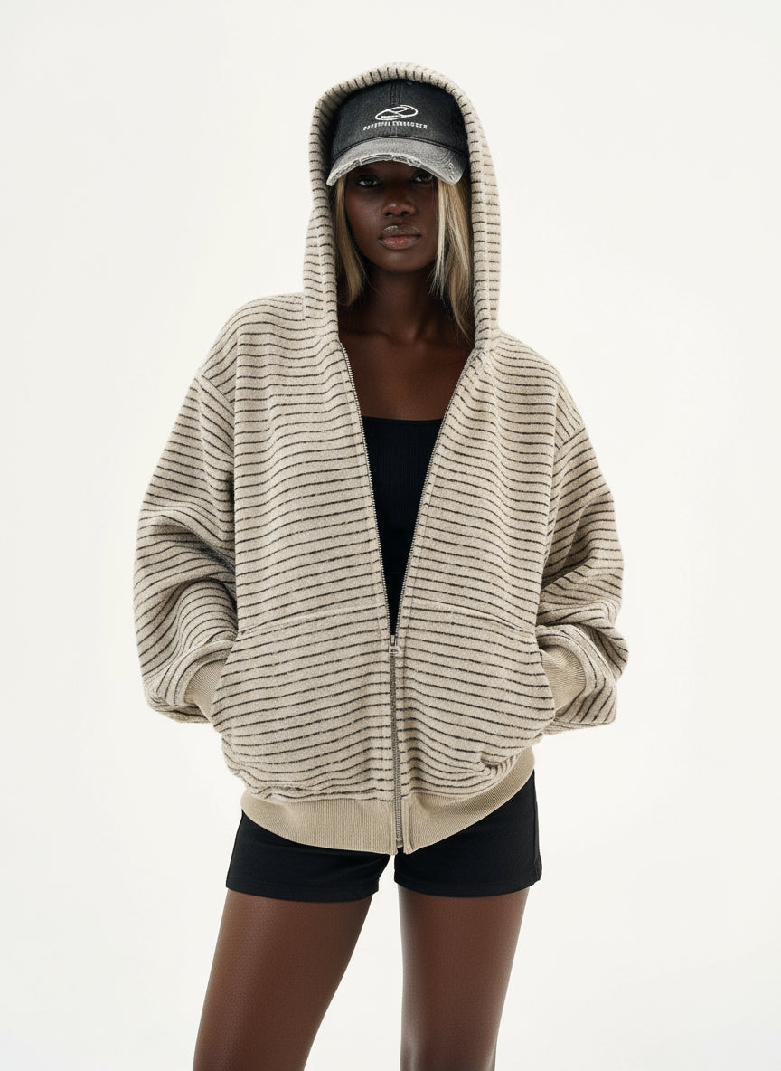 Ellenvinis American Vintage 2025 Autumn and Winter New Striped Zipper Cardigan Hooded Sweater Men's and Women's Couples Jacket