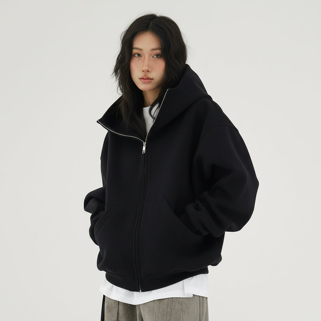 Ellenvinis 2025 Fall/Winter American Retro Thick Fleece Zip-Up Hoodie – Oversized Double-Sided Streetwear Cardigan for Men and Women