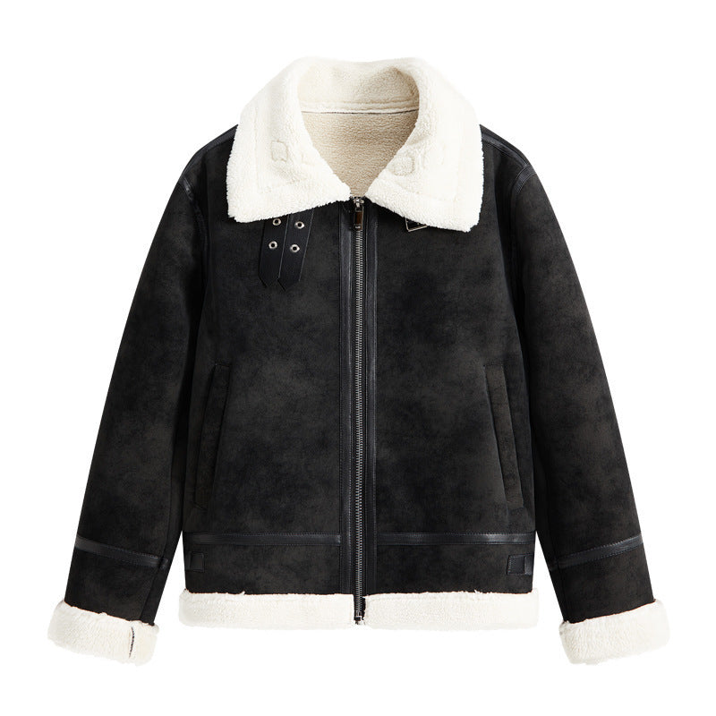 Ellenvinis men's short locomotive handsome 2025 new lapel flight suit trendy PU leather jacket leather jacket