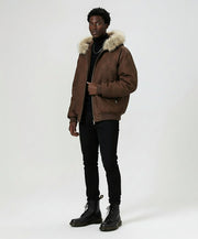 Ellenvinis Men's Vintage Distressed PU Leather Jacket | Winter Warm Thickened Cotton Coat with Removable Fur Collar & Hooded Design