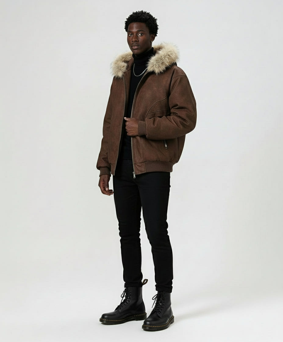 Ellenvinis Men's Vintage Distressed PU Leather Jacket | Winter Warm Thickened Cotton Coat with Removable Fur Collar & Hooded Design