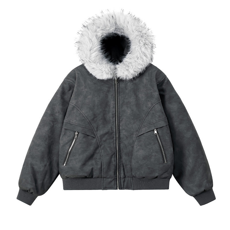 Ellenvinis Men's Vintage Distressed PU Leather Jacket | Winter Warm Thickened Cotton Coat with Removable Fur Collar & Hooded Design