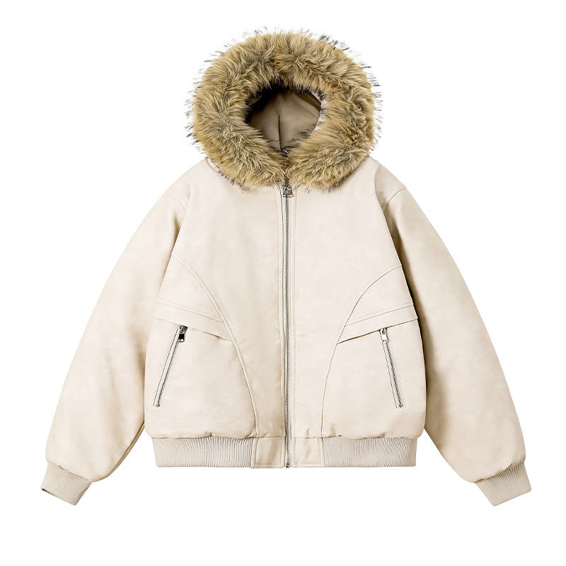 Ellenvinis Men's Vintage Distressed PU Leather Jacket | Winter Warm Thickened Cotton Coat with Removable Fur Collar & Hooded Design