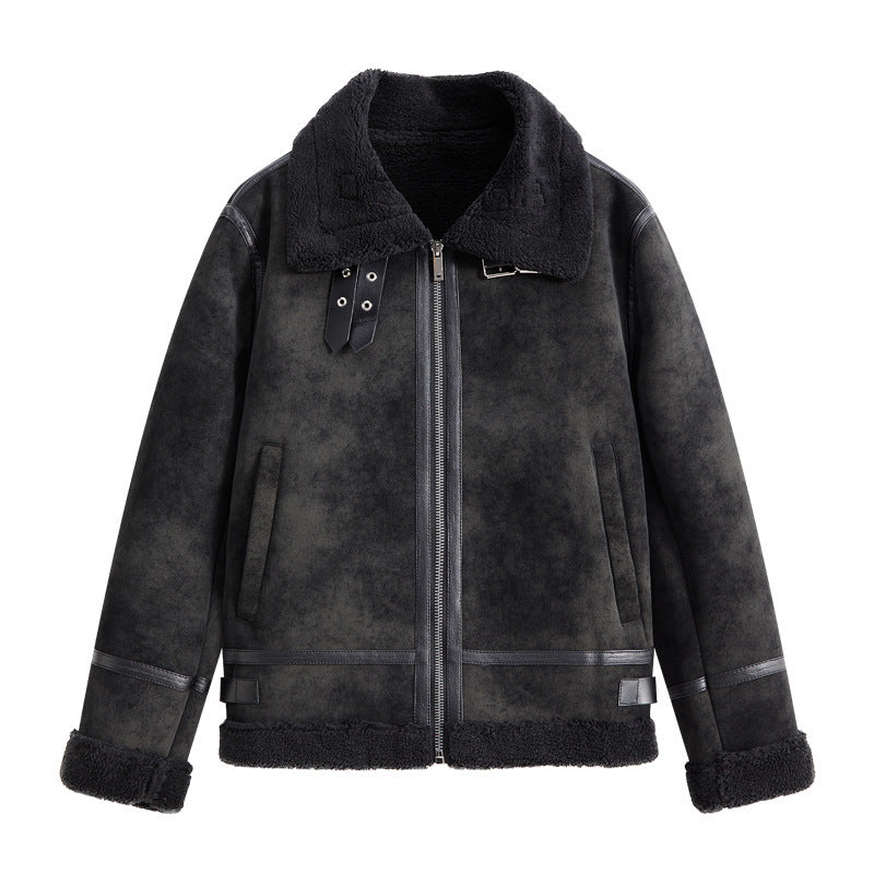 Ellenvinis men's short locomotive handsome 2025 new lapel flight suit trendy PU leather jacket leather jacket