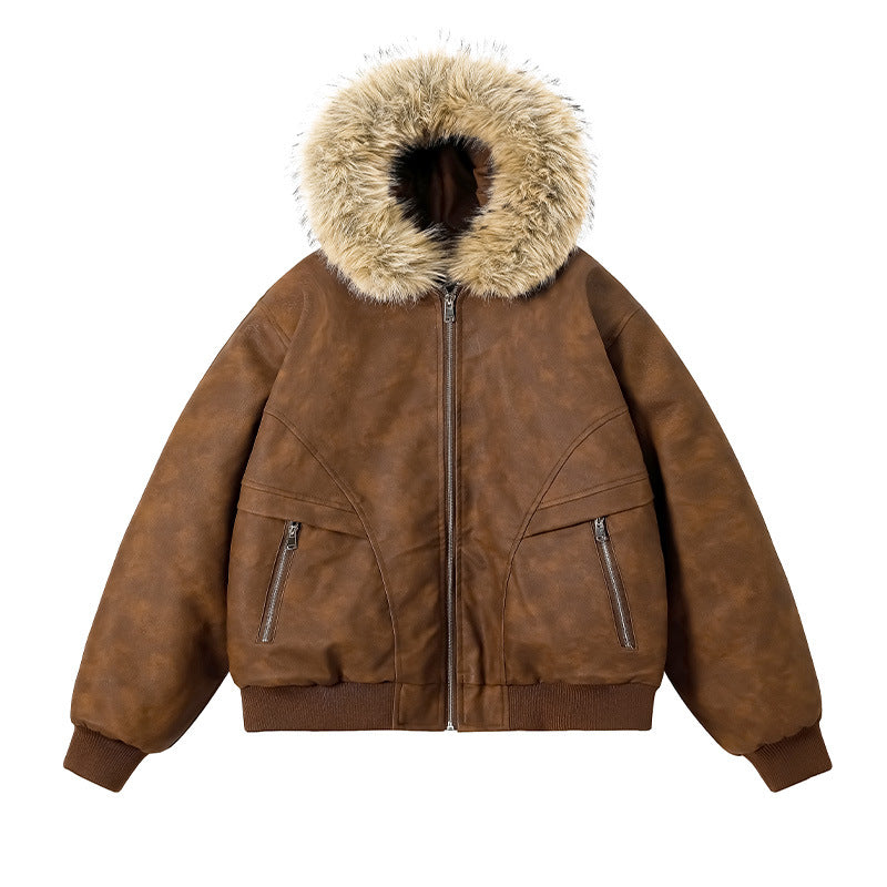 Ellenvinis Men's Vintage Distressed PU Leather Jacket | Winter Warm Thickened Cotton Coat with Removable Fur Collar & Hooded Design