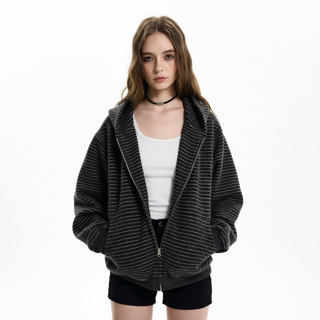 Ellenvinis American Vintage 2025 Autumn and Winter New Striped Zipper Cardigan Hooded Sweater Men's and Women's Couples Jacket