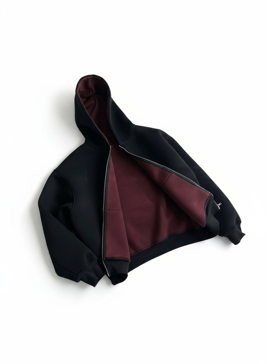 Ellenvinis Burgundy 3.0 Double-Sided Composite 1800gsm  Air Layer Hooded Zip Sweater Jacket