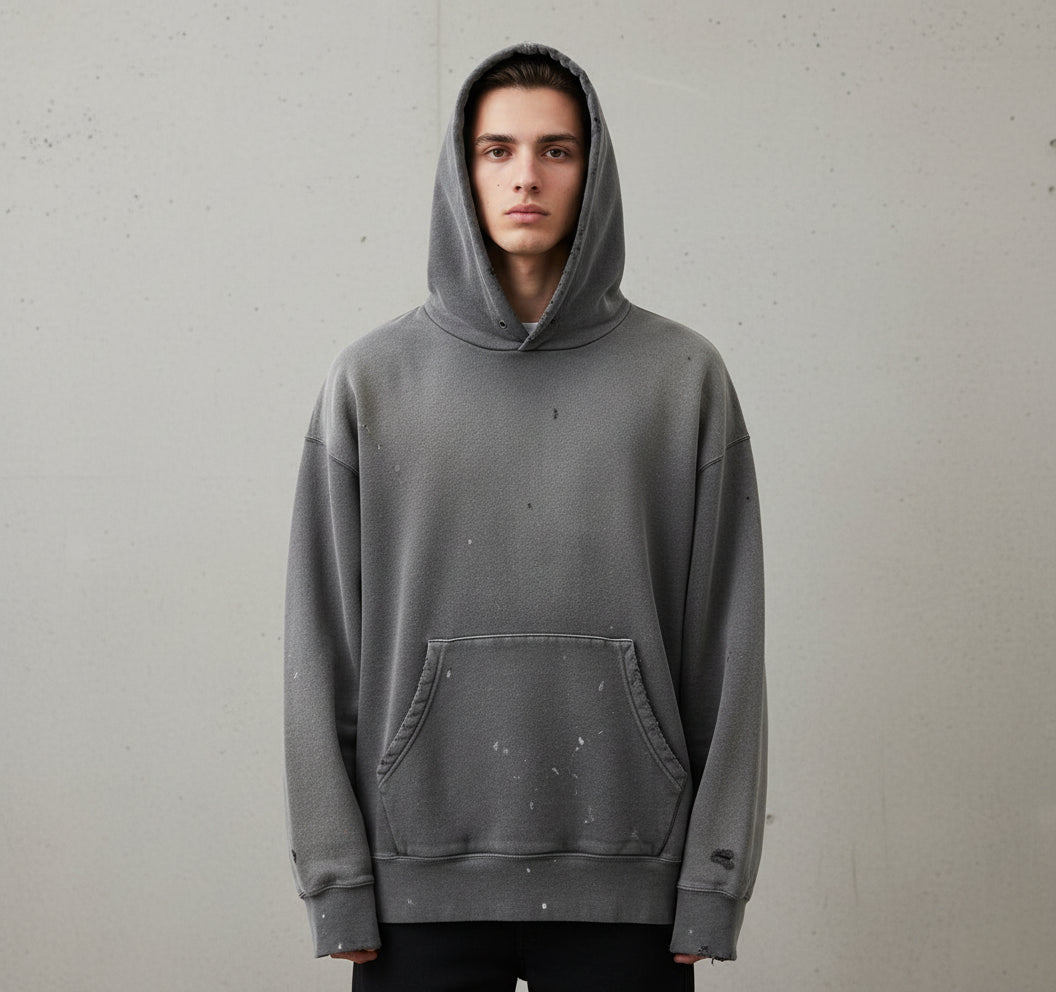 Ellenvinis Double Sided Design 1800GMS Washed Paint Splatter Destroyed Hoodie