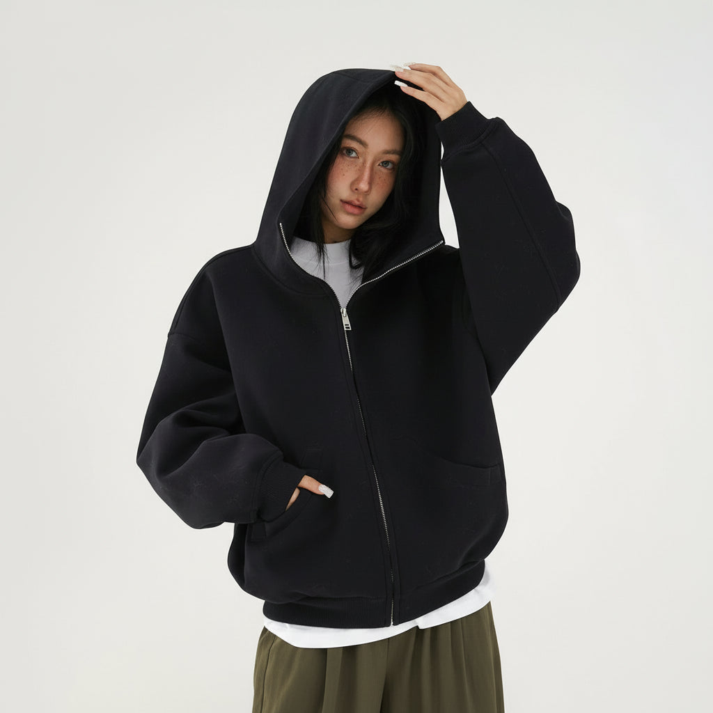 Ellenvinis 2025 Fall/Winter American Retro Thick Fleece Zip-Up Hoodie – Oversized Double-Sided Streetwear Cardigan for Men and Women