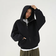 Ellenvinis 2025 Fall/Winter American Retro Thick Fleece Zip-Up Hoodie – Oversized Double-Sided Streetwear Cardigan for Men and Women