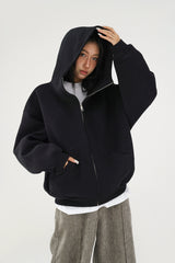 Ellenvinis 2025 Fall/Winter American Retro Thick Fleece Zip-Up Hoodie – Oversized Double-Sided Streetwear Cardigan for Men and Women